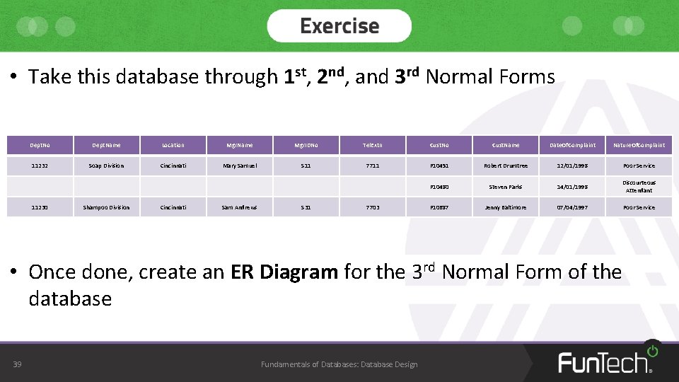 • Take this database through 1 st, 2 nd, and 3 rd Normal • Take this database through 1 st, 2 nd, and 3 rd Normal