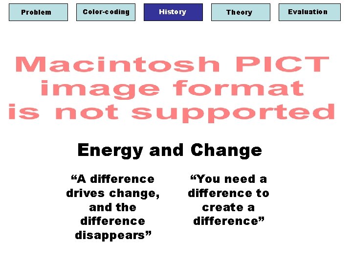 Problem Color-coding History Theory Energy and Change “A difference drives change, and the difference