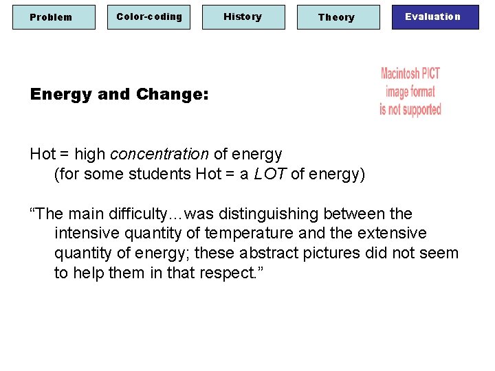Problem Color-coding History Theory Evaluation Energy and Change: Hot = high concentration of energy