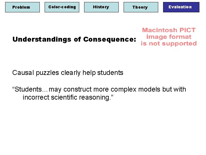 Problem Color-coding History Theory Evaluation Understandings of Consequence: Causal puzzles clearly help students “Students…may