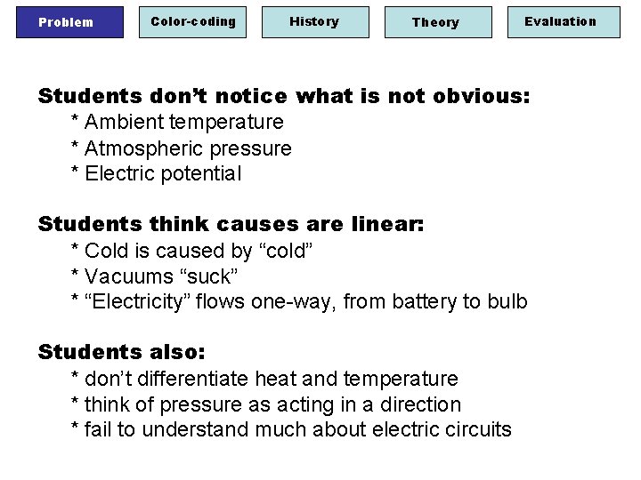 Problem Color-coding History Theory Evaluation Students don’t notice what is not obvious: * Ambient