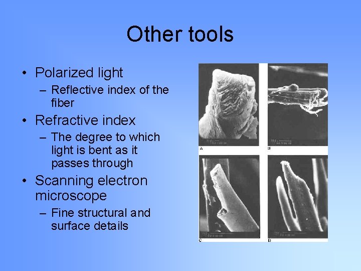 Other tools • Polarized light – Reflective index of the fiber • Refractive index