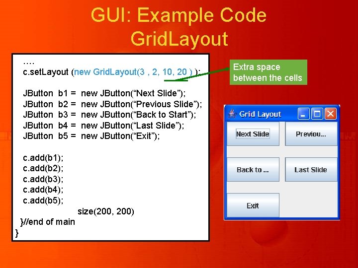 GUI: Example Code Grid. Layout …. c. set. Layout (new Grid. Layout(3 , 2, GUI: Example Code Grid. Layout …. c. set. Layout (new Grid. Layout(3 , 2,