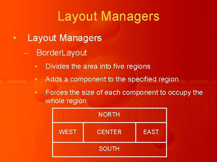 Layout Managers • Layout Managers – Border. Layout • Divides the area into five Layout Managers • Layout Managers – Border. Layout • Divides the area into five