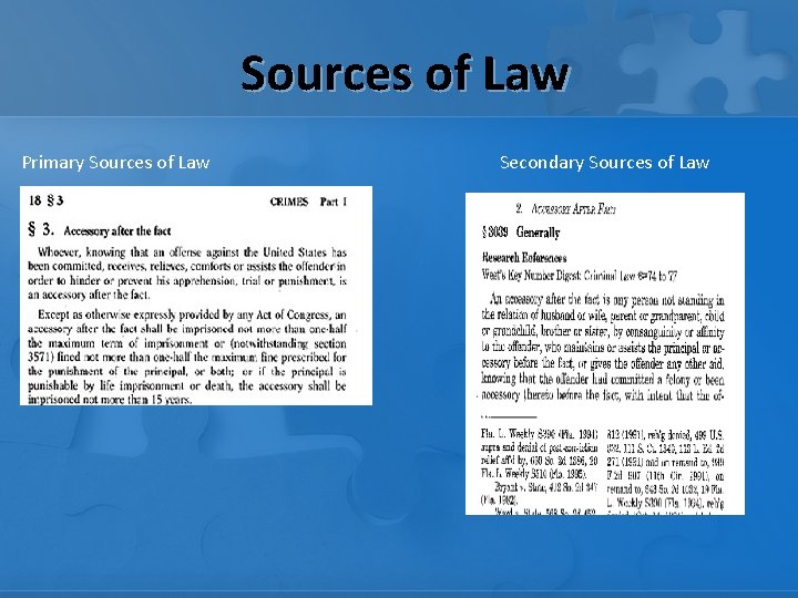 Sources of Law Primary Sources of Law Secondary Sources of Law 