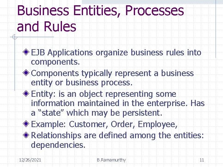 Business Entities, Processes and Rules EJB Applications organize business rules into components. Components typically Business Entities, Processes and Rules EJB Applications organize business rules into components. Components typically