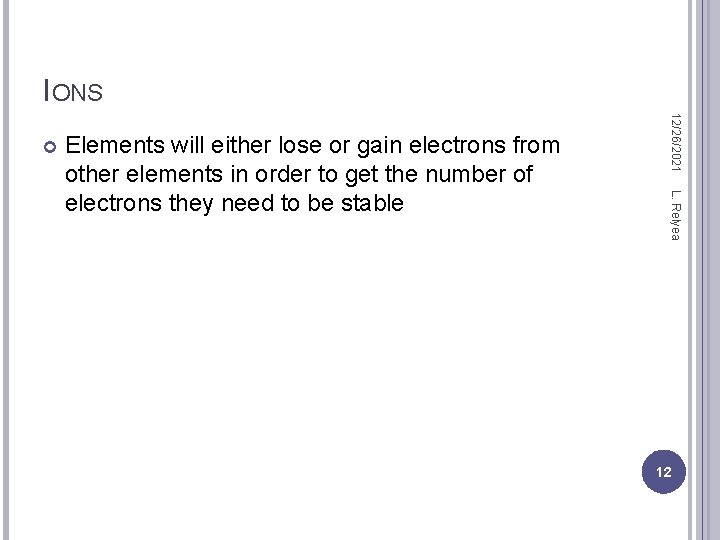 IONS L. Relyea Elements will either lose or gain electrons from other elements in