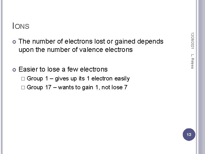 IONS Easier to lose a few electrons L. Relyea The number of electrons lost
