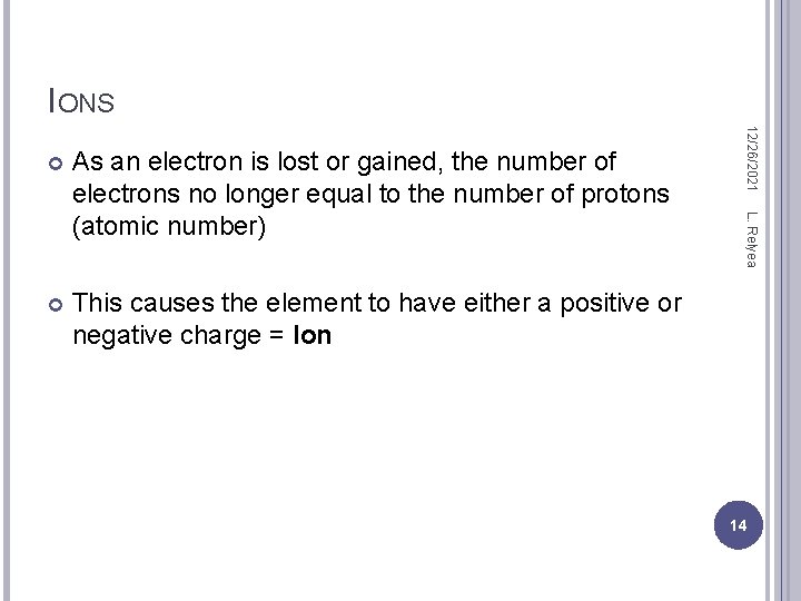 IONS This causes the element to have either a positive or negative charge =