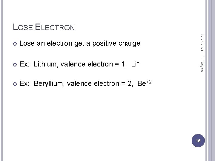 LOSE ELECTRON Ex: Lithium, valence electron = 1, Li+ Ex: Beryllium, valence electron =