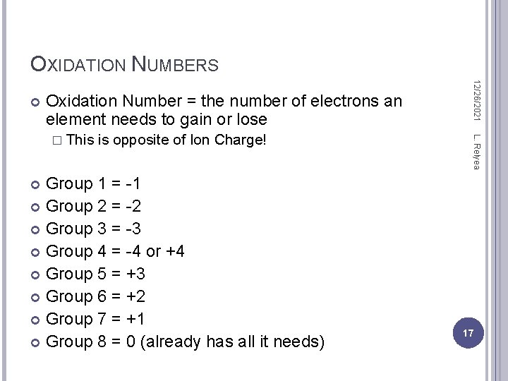 OXIDATION NUMBERS Oxidation Number = the number of electrons an element needs to gain