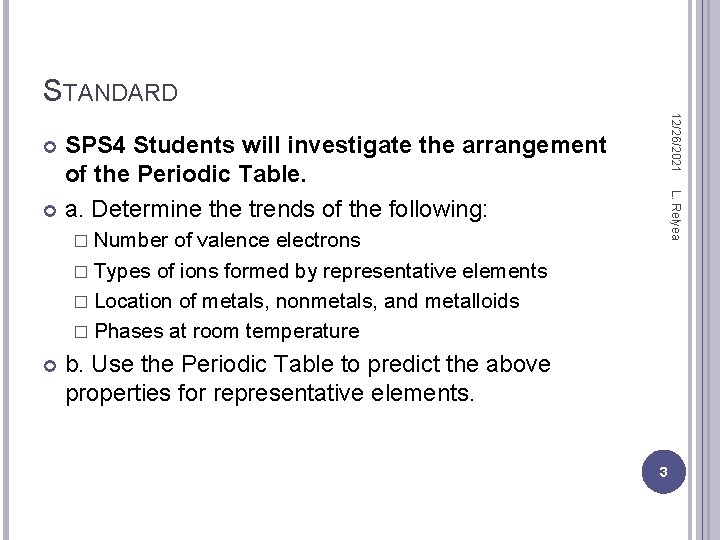 STANDARD 12/26/2021 SPS 4 Students will investigate the arrangement of the Periodic Table. a.