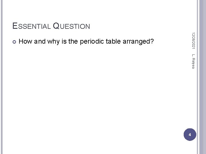 ESSENTIAL QUESTION 12/26/2021 How and why is the periodic table arranged? L. Relyea 4