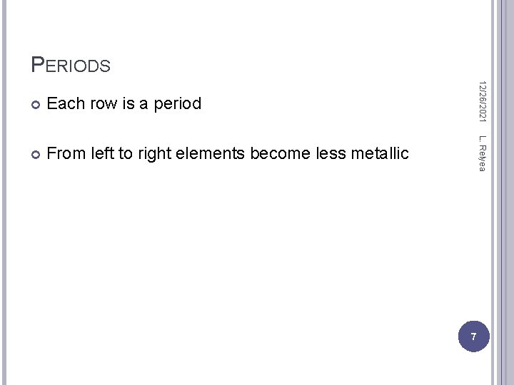 PERIODS From left to right elements become less metallic L. Relyea Each row is