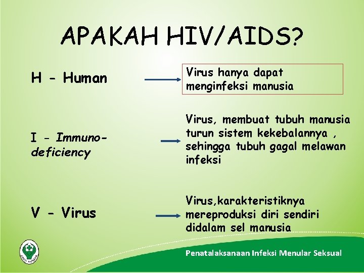 APAKAH HIV/AIDS? H - Human Virus hanya dapat menginfeksi manusia I - Immunodeficiency Virus,