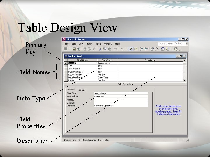 Table Design View Primary Key Field Names Data Type Field Properties Description Table Design View Primary Key Field Names Data Type Field Properties Description