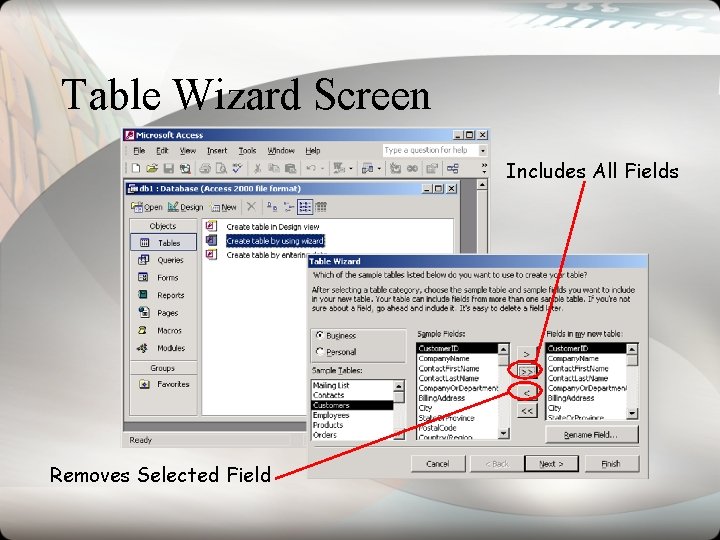 Table Wizard Screen Includes All Fields Removes Selected Field Table Wizard Screen Includes All Fields Removes Selected Field