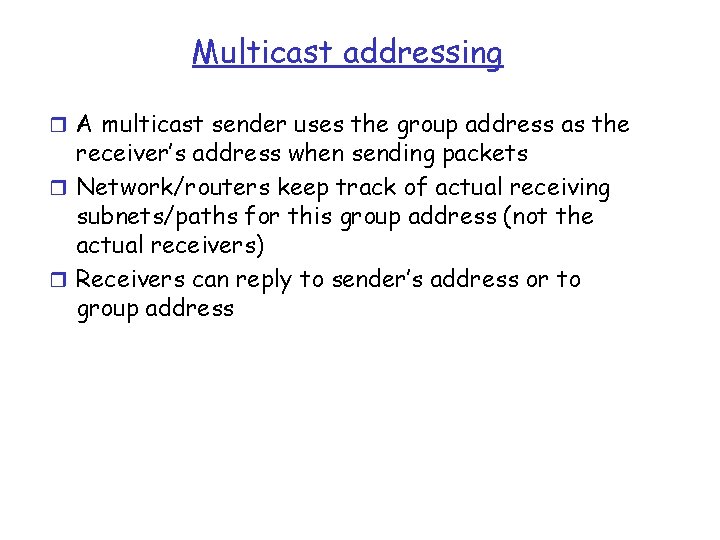 Multicast addressing r A multicast sender uses the group address as the receiver’s address