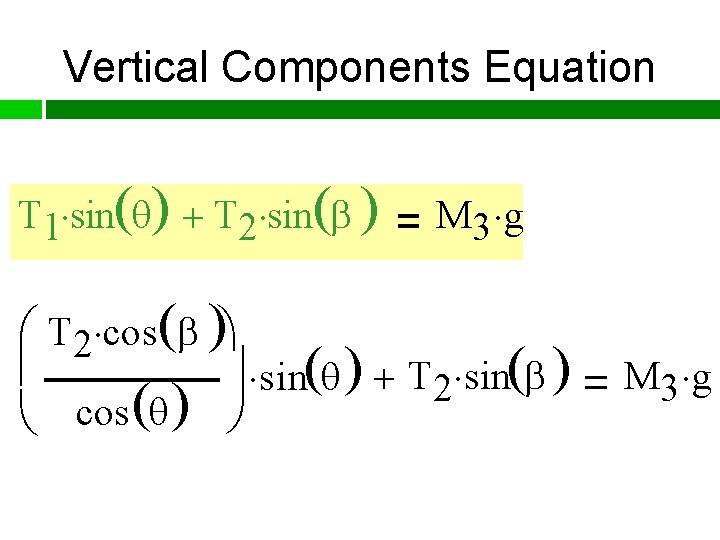Vertical Components Equation T 1 sin T 2 sin M 3 g T 2