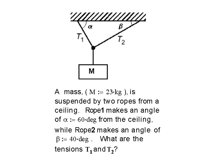 A mass, ( M 23 kg ), is suspended by two ropes from a