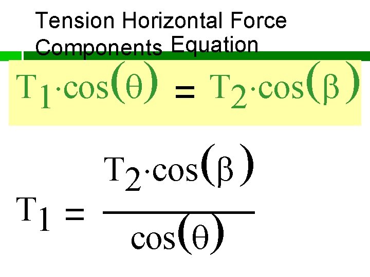 Tension Horizontal Force Components Equation T 1 cos T 1 T 2 cos cos