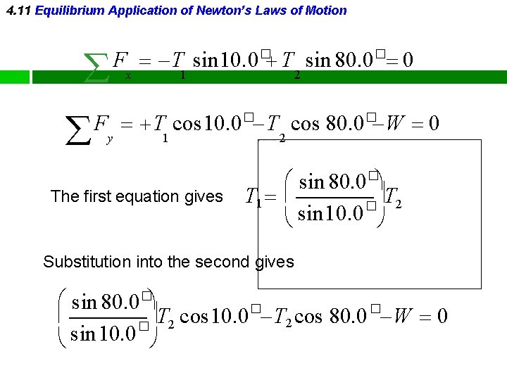 4. 11 Equilibrium Application of Newton’s Laws of Motion F T sin 10. 0�
