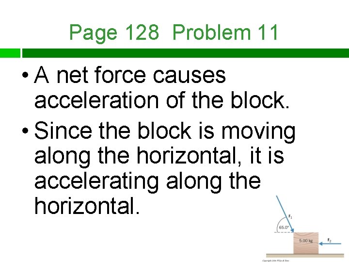 Page 128 Problem 11 • A net force causes acceleration of the block. •