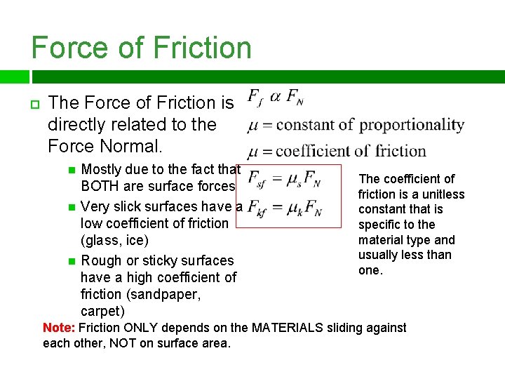 Force of Friction The Force of Friction is directly related to the Force Normal.