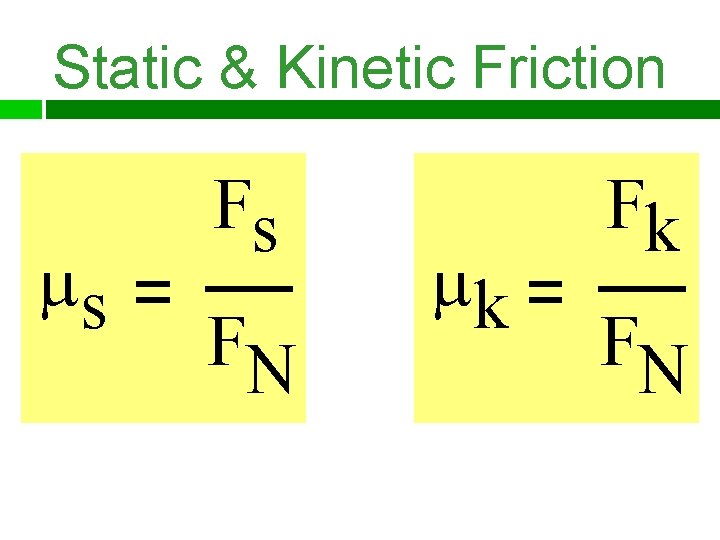 Static & Kinetic Friction s Fs FN k Fk FN 