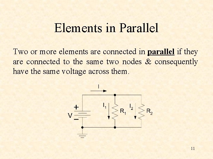 Elements in Parallel Two or more elements are connected in parallel if they are