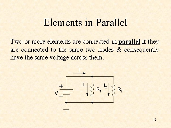 Elements in Parallel Two or more elements are connected in parallel if they are Elements in Parallel Two or more elements are connected in parallel if they are