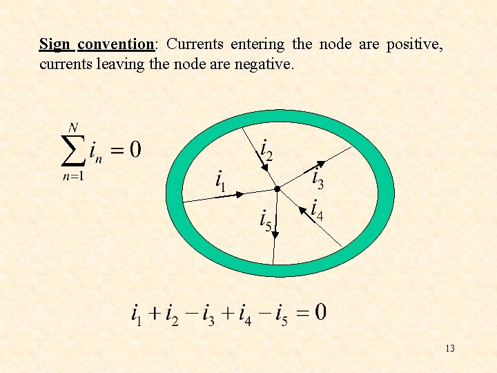 Sign convention: Currents entering the node are positive, currents leaving the node are negative.