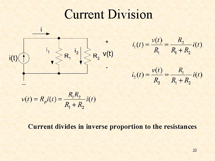 Current Division Current divides in inverse proportion to the resistances 20 