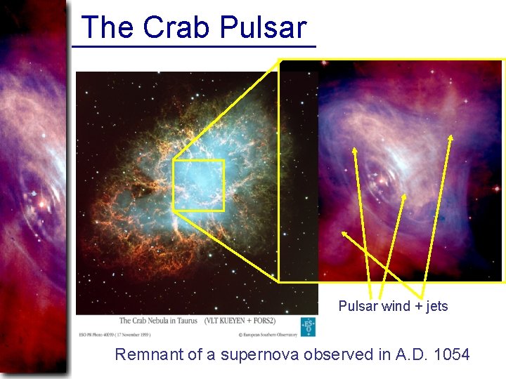 The Crab Pulsar wind + jets Remnant of a supernova observed in A. D.