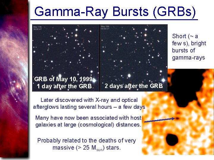 Gamma-Ray Bursts (GRBs) Short (~ a few s), bright bursts of gamma-rays GRB of