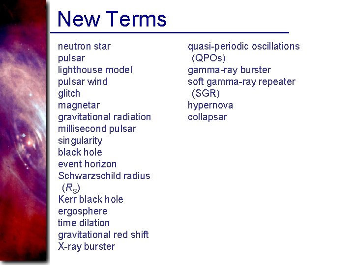 New Terms neutron star pulsar lighthouse model pulsar wind glitch magnetar gravitational radiation millisecond