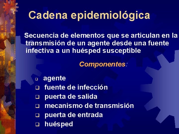 Cadena epidemiológica Secuencia de elementos que se articulan en la transmisión de un agente
