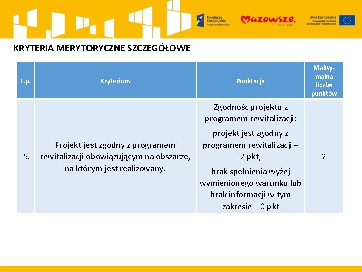 KRYTERIA MERYTORYCZNE SZCZEGÓŁOWE L. p. Kryterium Punktacja Maksymalna liczba punktów Zgodność projektu z programem