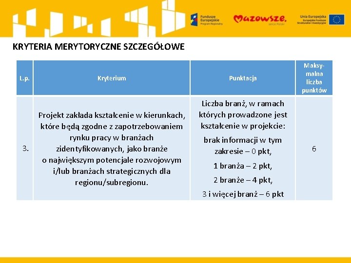 KRYTERIA MERYTORYCZNE SZCZEGÓŁOWE L. p. 3. Kryterium Projekt zakłada kształcenie w kierunkach, które będą