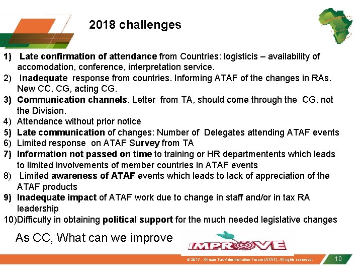 2018 challenges 1) Late confirmation of attendance from Countries: logisticis – availability of accomodation,