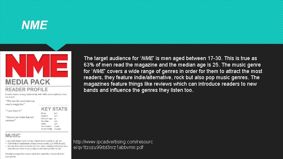 NME The target audience for ‘NME’ is men aged between 17 -30. This is