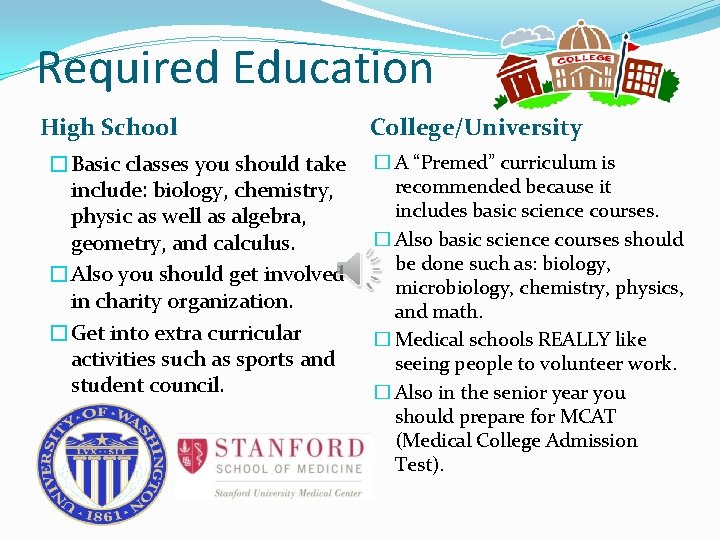 Required Education High School �Basic classes you should take include: biology, chemistry, physic as