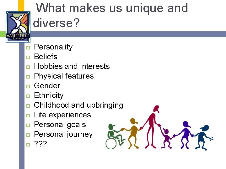 What makes us unique and diverse? Personality Beliefs Hobbies and interests Physical features Gender