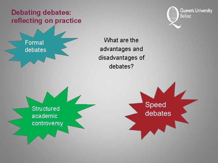 Debating debates: reflecting on practice Formal debates Structured academic controversy What are the advantages