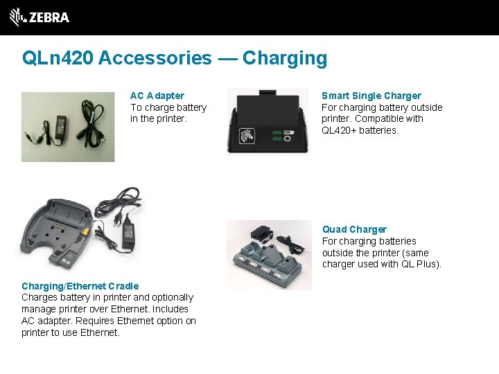QLn 420 Accessories — Charging AC Adapter To charge battery in the printer. Smart