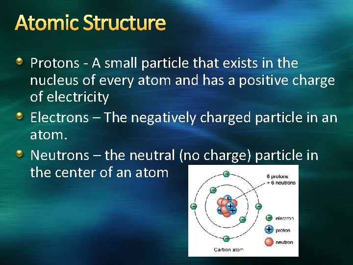 Atomic Structure Protons - A small particle that exists in the nucleus of every