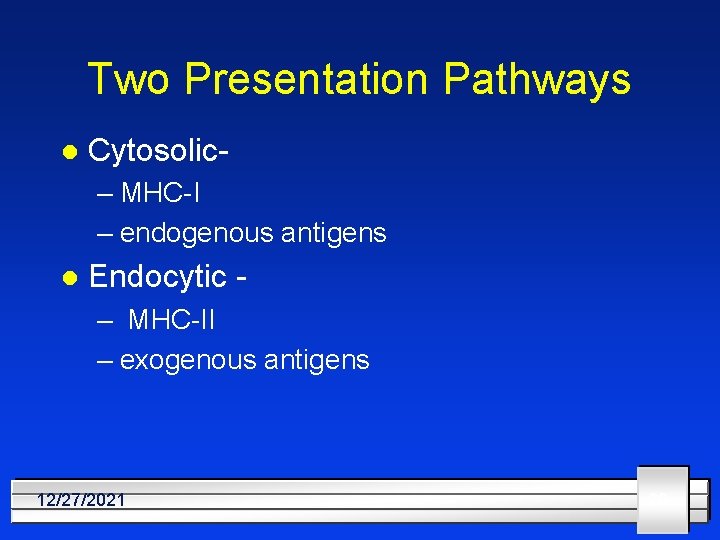 Two Presentation Pathways l Cytosolic– MHC-I – endogenous antigens l Endocytic – MHC-II –