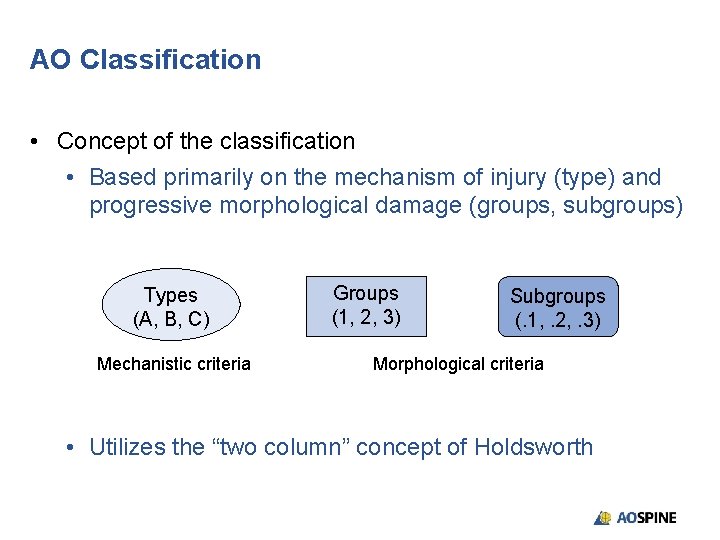 AO Classification • Concept of the classification • Based primarily on the mechanism of