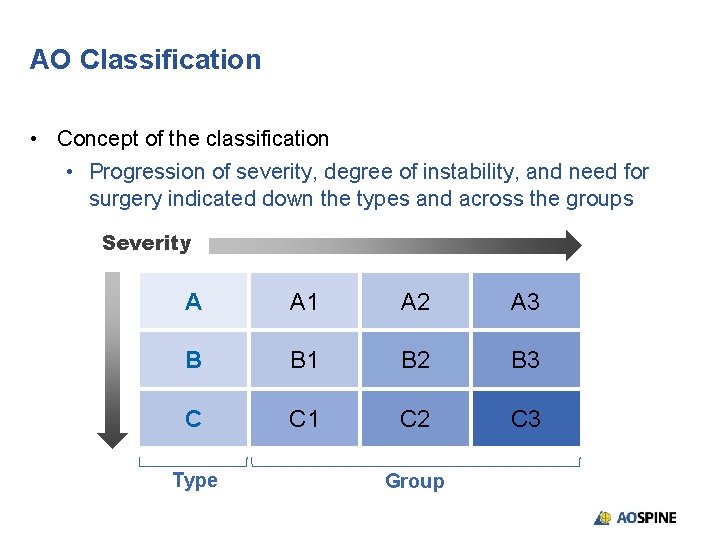 AO Classification • Concept of the classification • Progression of severity, degree of instability,