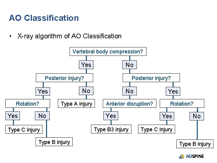 AO Classification • X-ray algorithm of AO Classification Vertebral body compression? No Yes Posterior